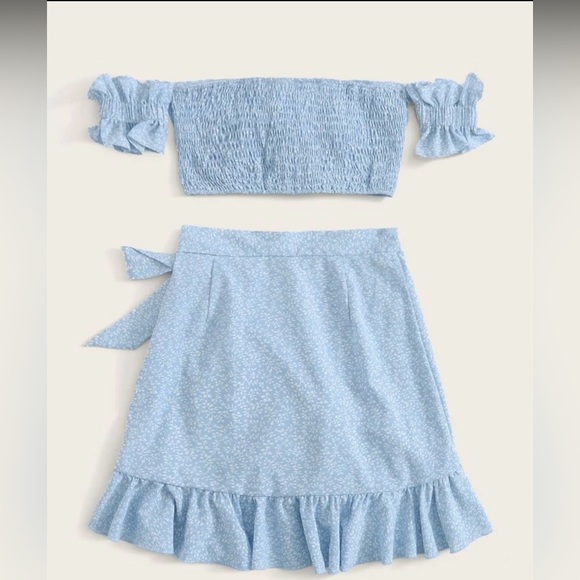 SHEIN Tied Front Shirred Back Bardot Top and Ruffle Skirt Set - Picture 2 of 2